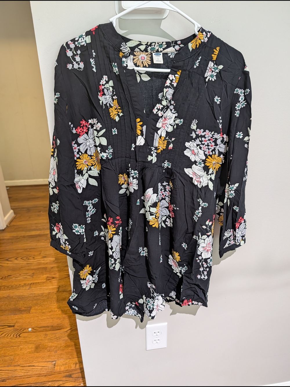 Old Navy Black Floral Blouse with Green, Yellow & White Accents